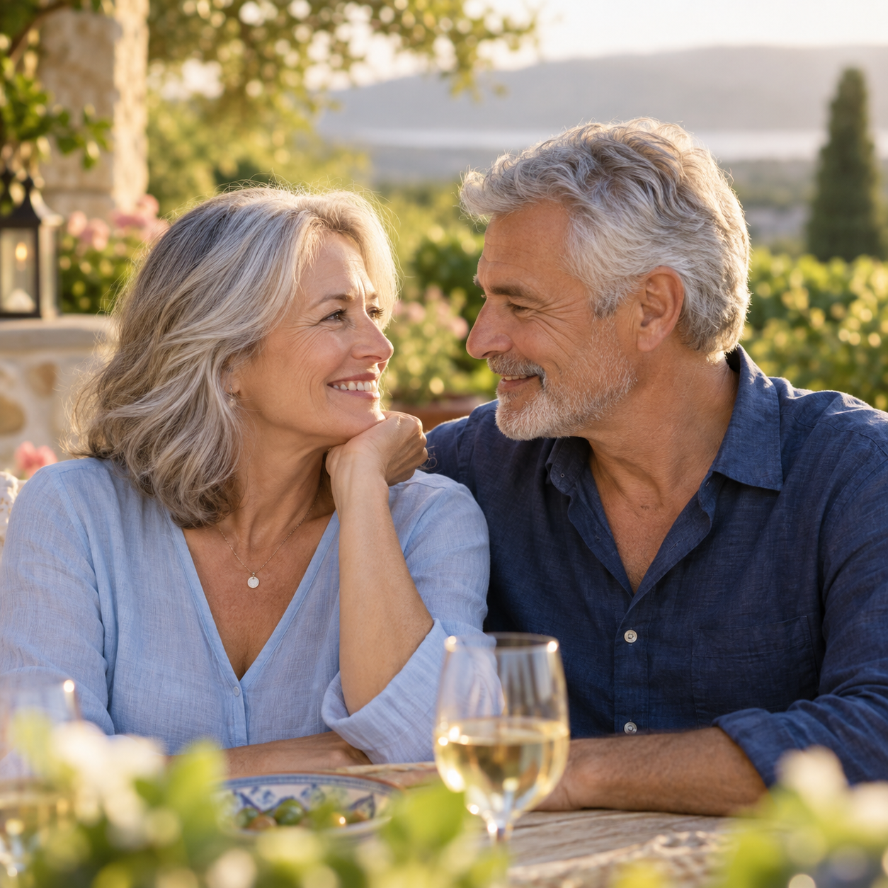 A couple in their 60s sharing a warm moment outdoors